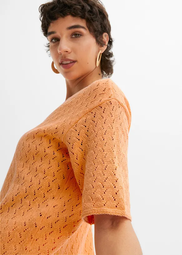 T-shirt en maille ajourée avec lin, manches coudes, bonprix