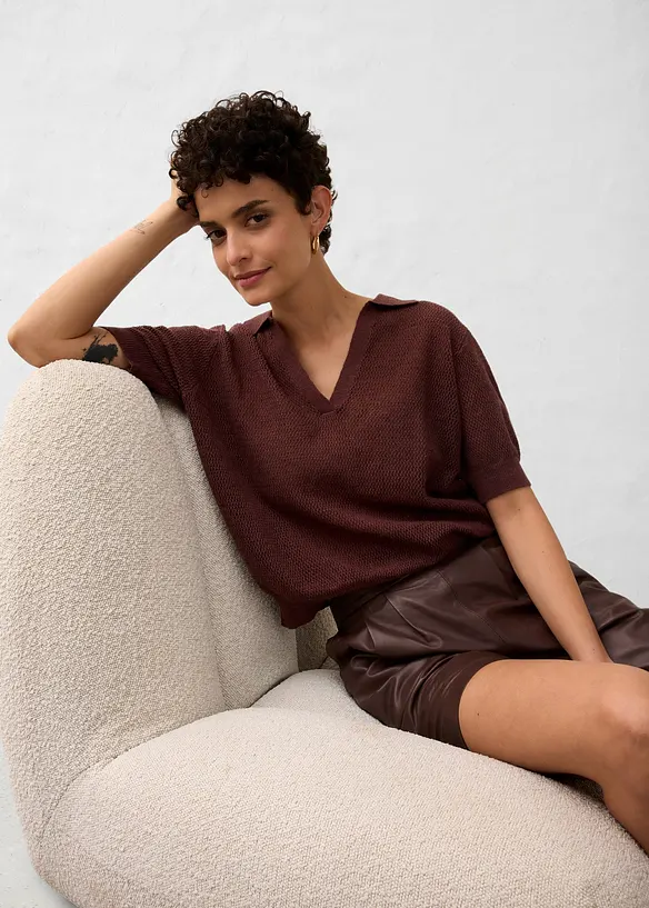 Ajour-Strickpolo mit Leinenanteil, bonprix