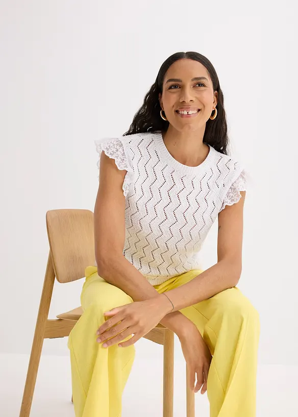 Top en maille aspect crochet avec dentelle, bonprix
