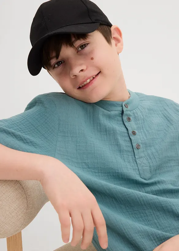 Chemise manches courtes à col montant en gaze de coton douce, bonprix