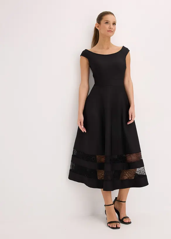Robe col Bardot avec dentelle et ceinture, bonprix