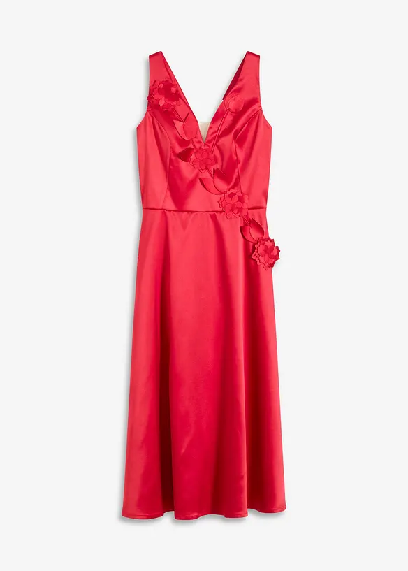 Midikleid aus glänzendem Satin mit Blumen-Applikation, bonprix