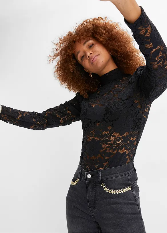 Figurbetontes Langarmshirt mit Spitze, bonprix