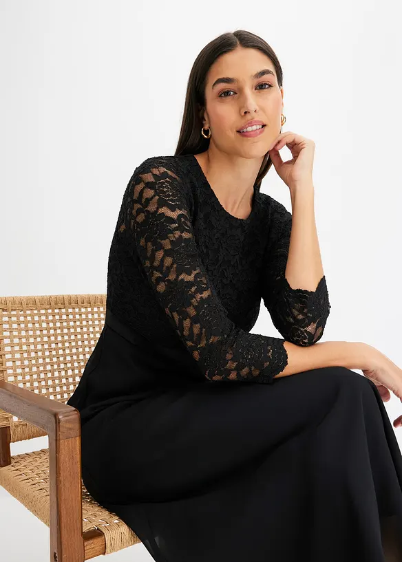 Robe midi en crêpe légère avec haut en dentelle, bonprix