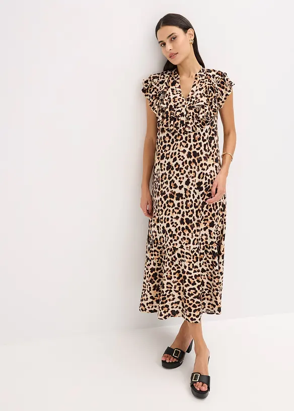 Midikleid mit Volants aus strukturiertem Crêpe, bonprix