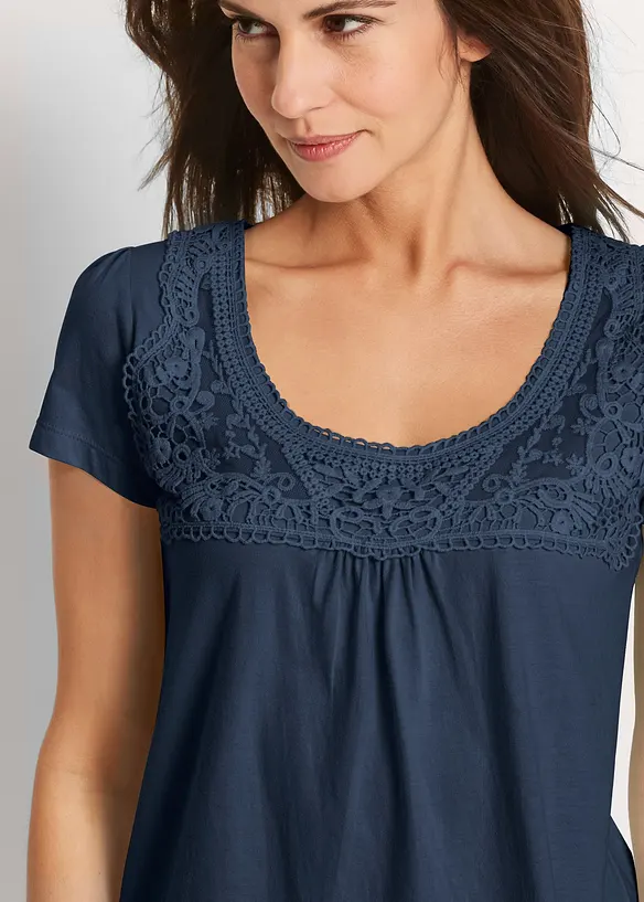 Baumwoll Shirt mit Spitze, Kurzarm, bonprix