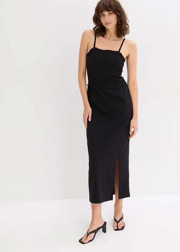Midikleid aus festem Jersey mit Smockeinsatz und Schlitz, bonprix