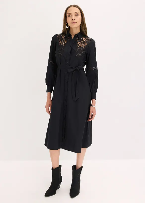 Midikleid mit Spitzeneinsatz aus Baumwolle, bonprix