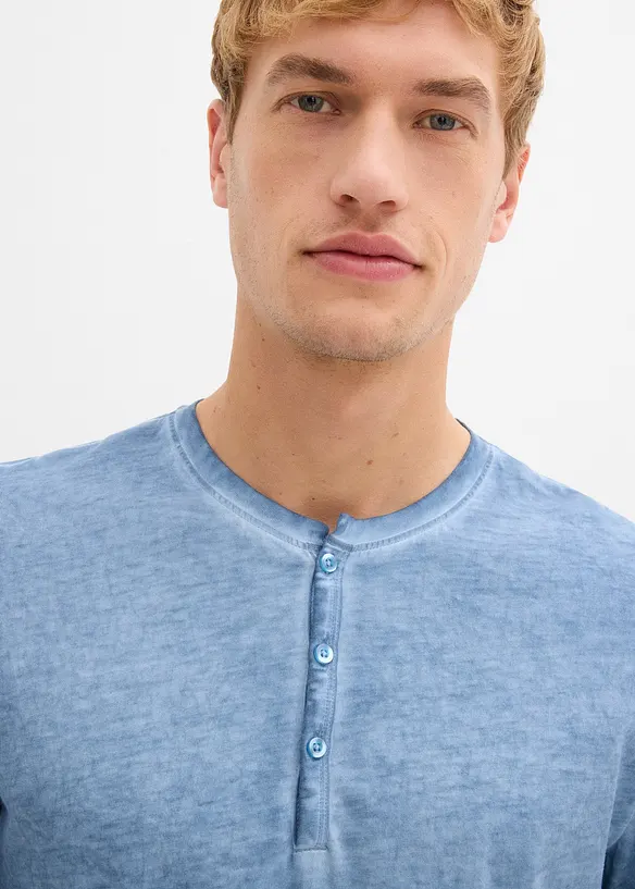T-shirt manches longues délavé col tunisien, 100% coton, bonprix