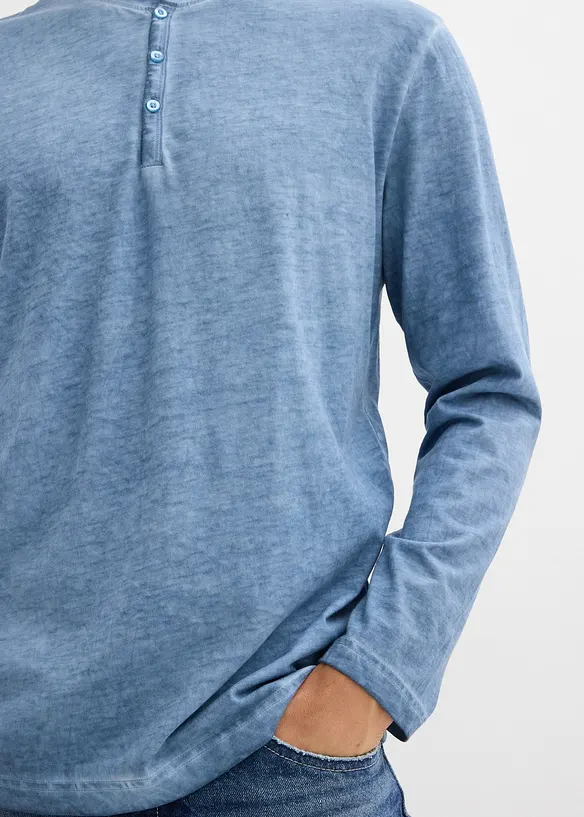 T-shirt manches longues délavé col tunisien, 100% coton, bonprix