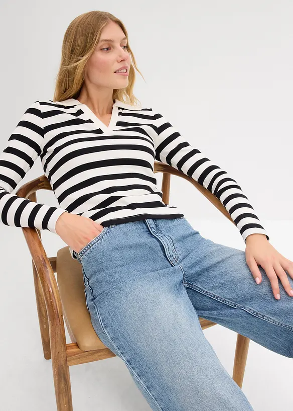 Langarm-Poloshirt aus Rippe, bonprix