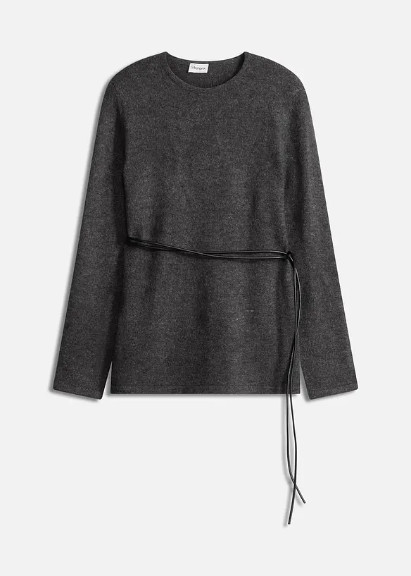 Strickshirt mit Wollanteil und Lederimitat- Bindeband, bonprix