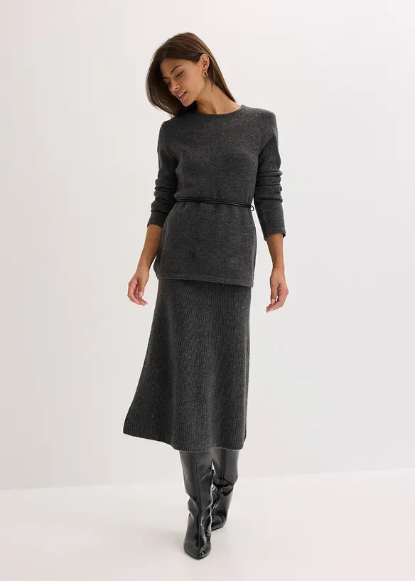 Strickshirt mit Wollanteil und Lederimitat- Bindeband, bonprix