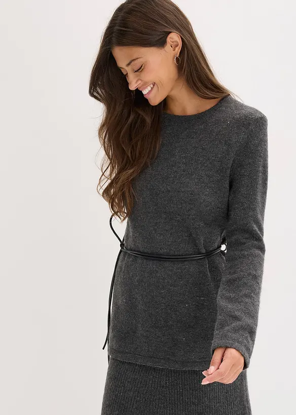 Strickshirt mit Wollanteil und Lederimitat- Bindeband, bonprix