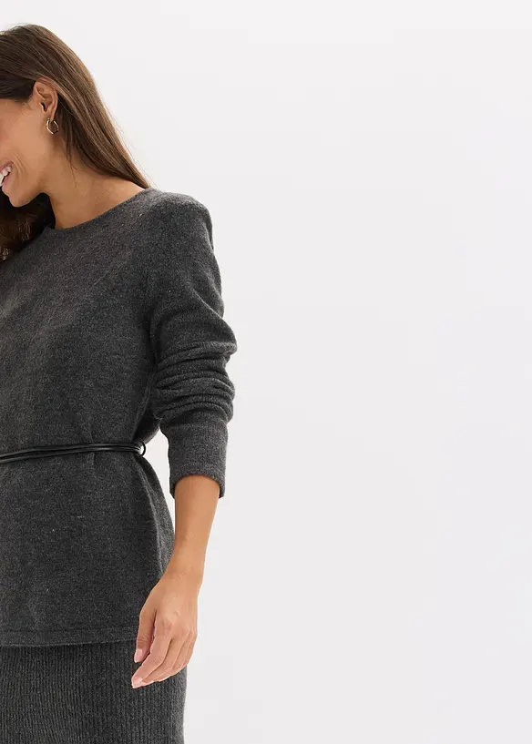 Strickshirt mit Wollanteil und Lederimitat- Bindeband, bonprix