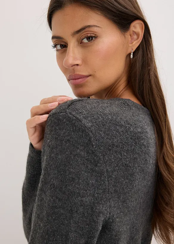 Strickshirt mit Wollanteil und Lederimitat- Bindeband, bonprix