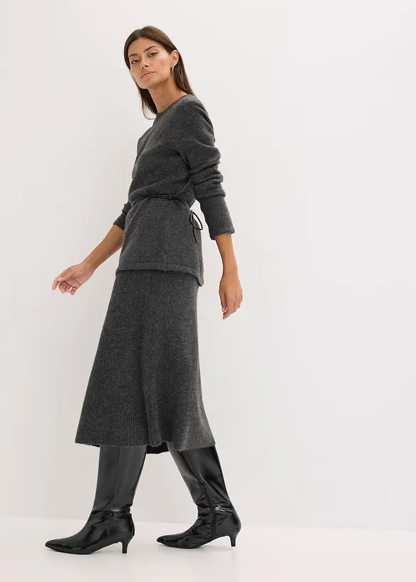 Strickshirt mit Wollanteil und Lederimitat- Bindeband, bonprix