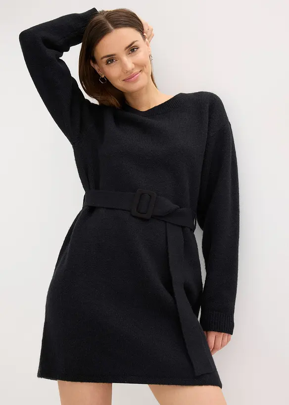 Kurzes Strickkleid mit softem Wollanteil und Gürtel, bonprix