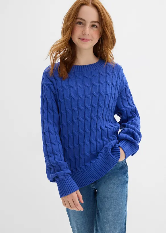Grobstrick-Pullover aus reiner Baumwolle mit Zopfmuster, bonprix