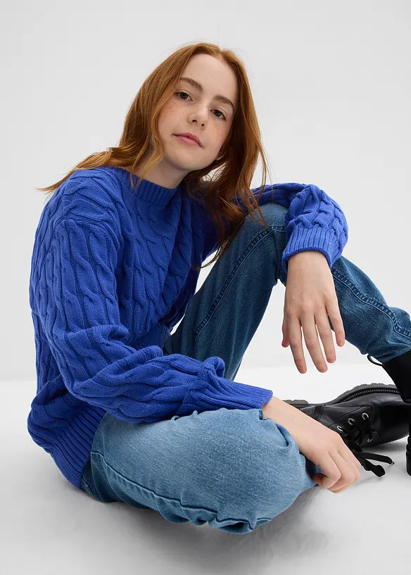 Grobstrick-Pullover aus reiner Baumwolle mit Zopfmuster, bonprix