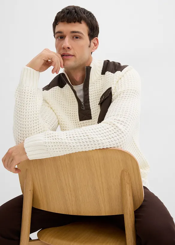 Pull camionneur en grosse maille avec empiècement en tissu, bonprix