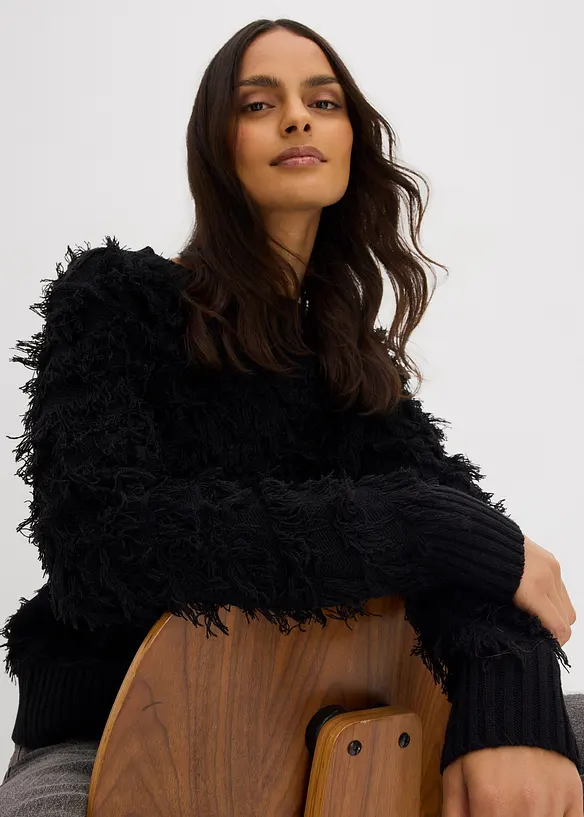 Grobstrick-Pullover mit Fransen, bonprix