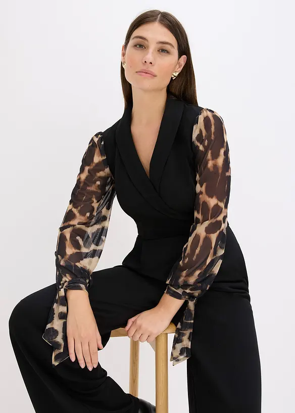 Jersey-Jumpsuit mit Mesh-Ärmeln, bonprix