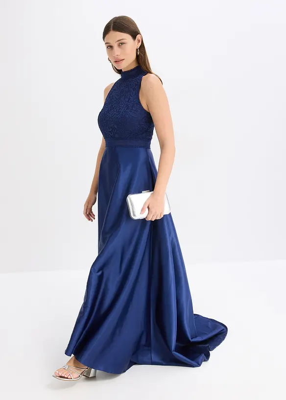 Maxikleid aus glänzendem Satin mit Spitze, bonprix