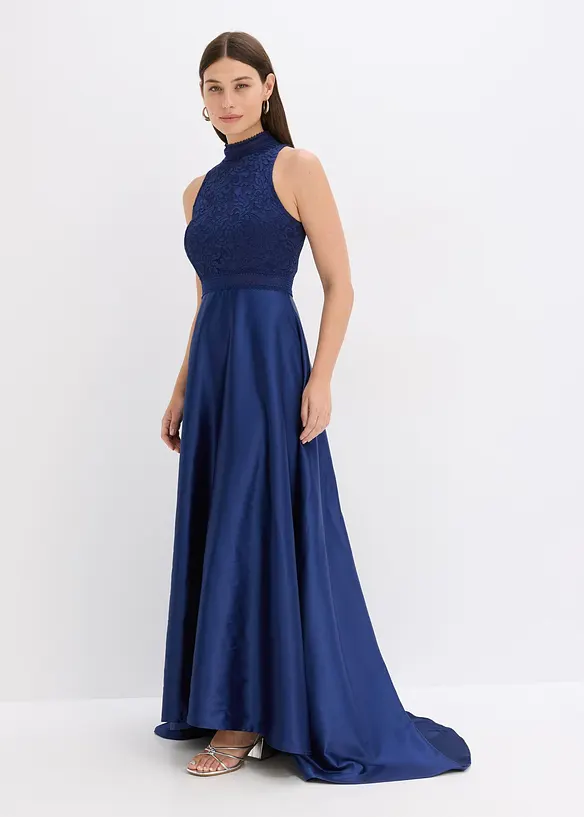 Maxikleid aus glänzendem Satin mit Spitze, bonprix