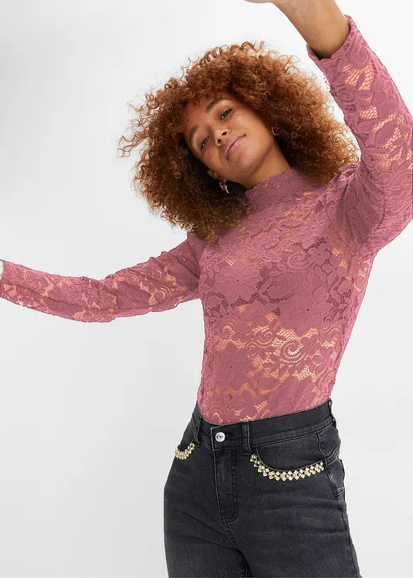 Figurbetontes Langarmshirt mit Spitze, bonprix