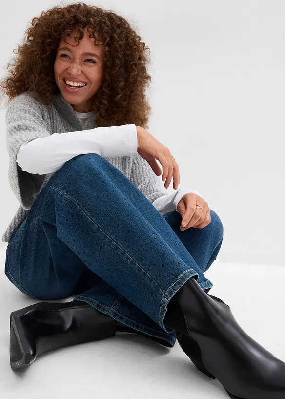 Jean large, taille mi-haute, avec strass, bonprix