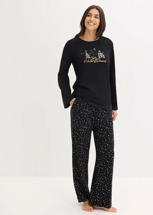 Pyjama aus reiner Baumwolle mit Glitzerdruck, bonprix