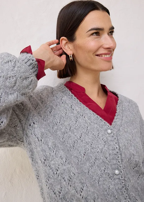 Ajour-Strickjacke mit Wolle, bonprix