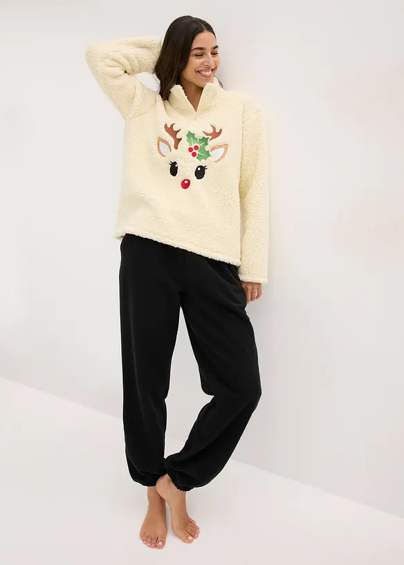 Loungewear Teddy Hausanzug mit Fleecehose, bonprix