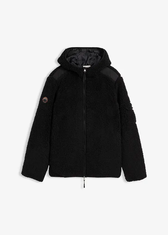 Teddy-Fleece Jacke mit Web-Besatz und Kapuze, bonprix