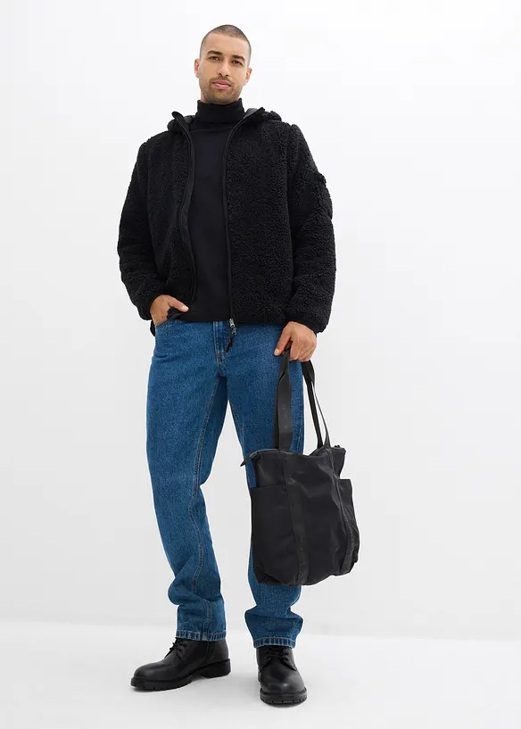 Teddy-Fleece Jacke mit Web-Besatz und Kapuze, bonprix