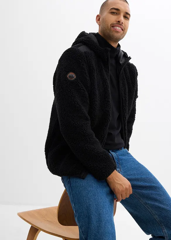 Teddy-Fleece Jacke mit Web-Besatz und Kapuze, bonprix