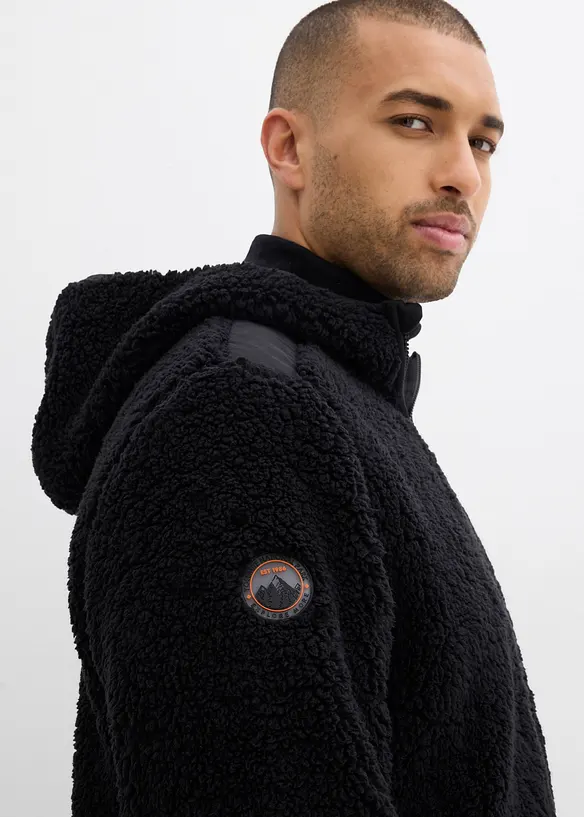 Teddy-Fleece Jacke mit Web-Besatz und Kapuze, bonprix