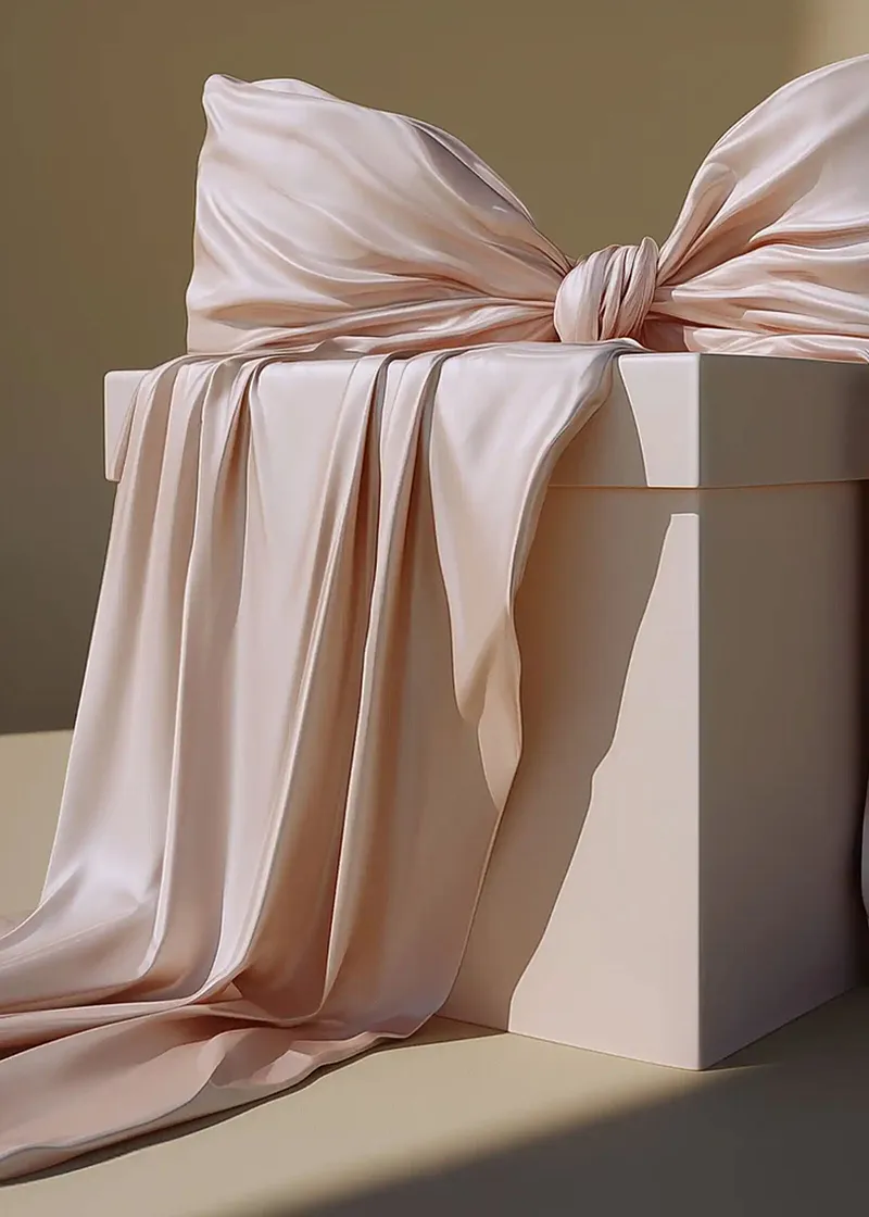 Zartes rosa Tuch umhüllt elegant eine weiße Box, kunstvoll zu einer Schleife gebunden.