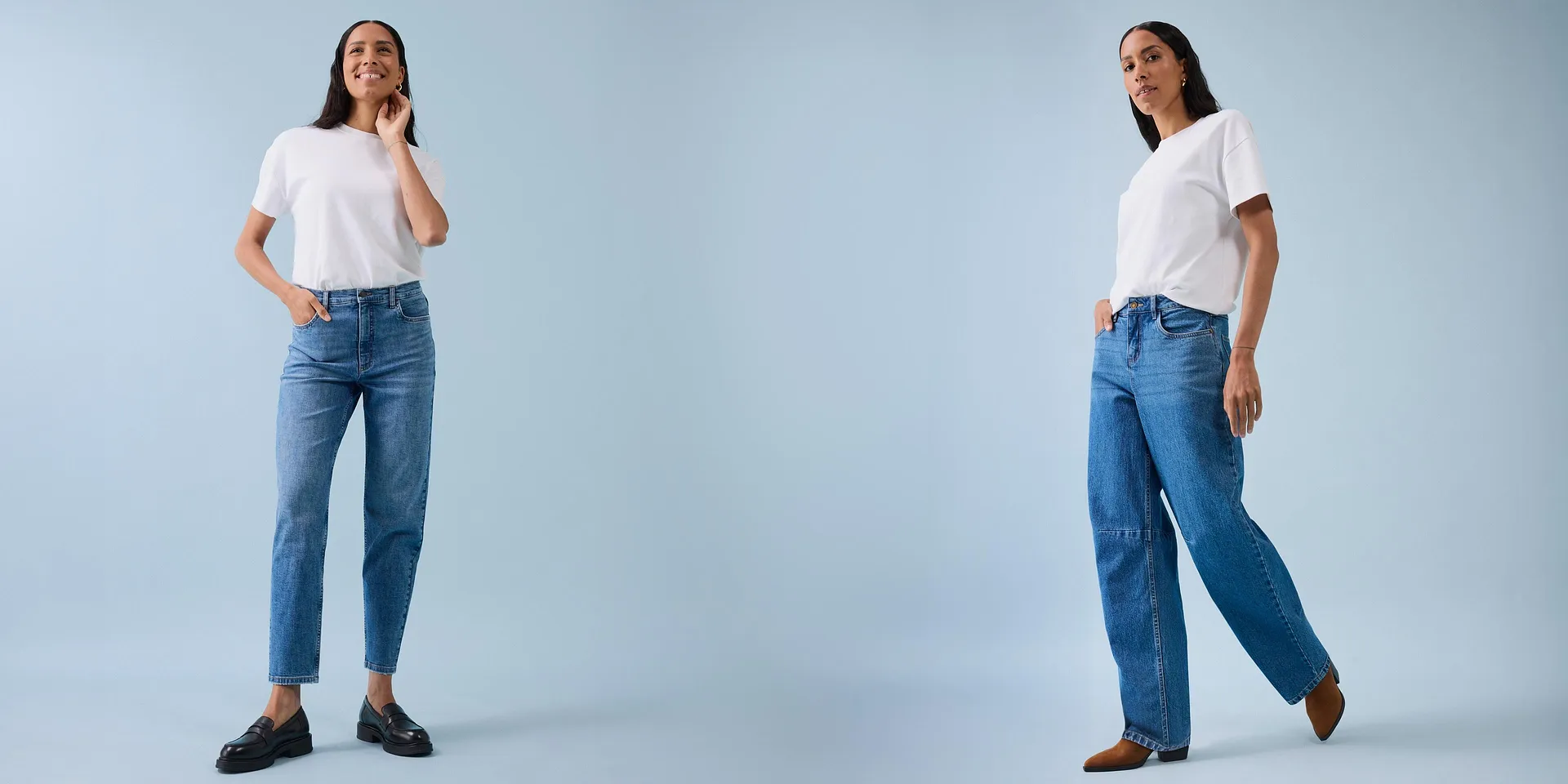 Klassischer Casual-Look: Weiße T-Shirts kombiniert mit blauen Jeans und angesagten Schuhen.
