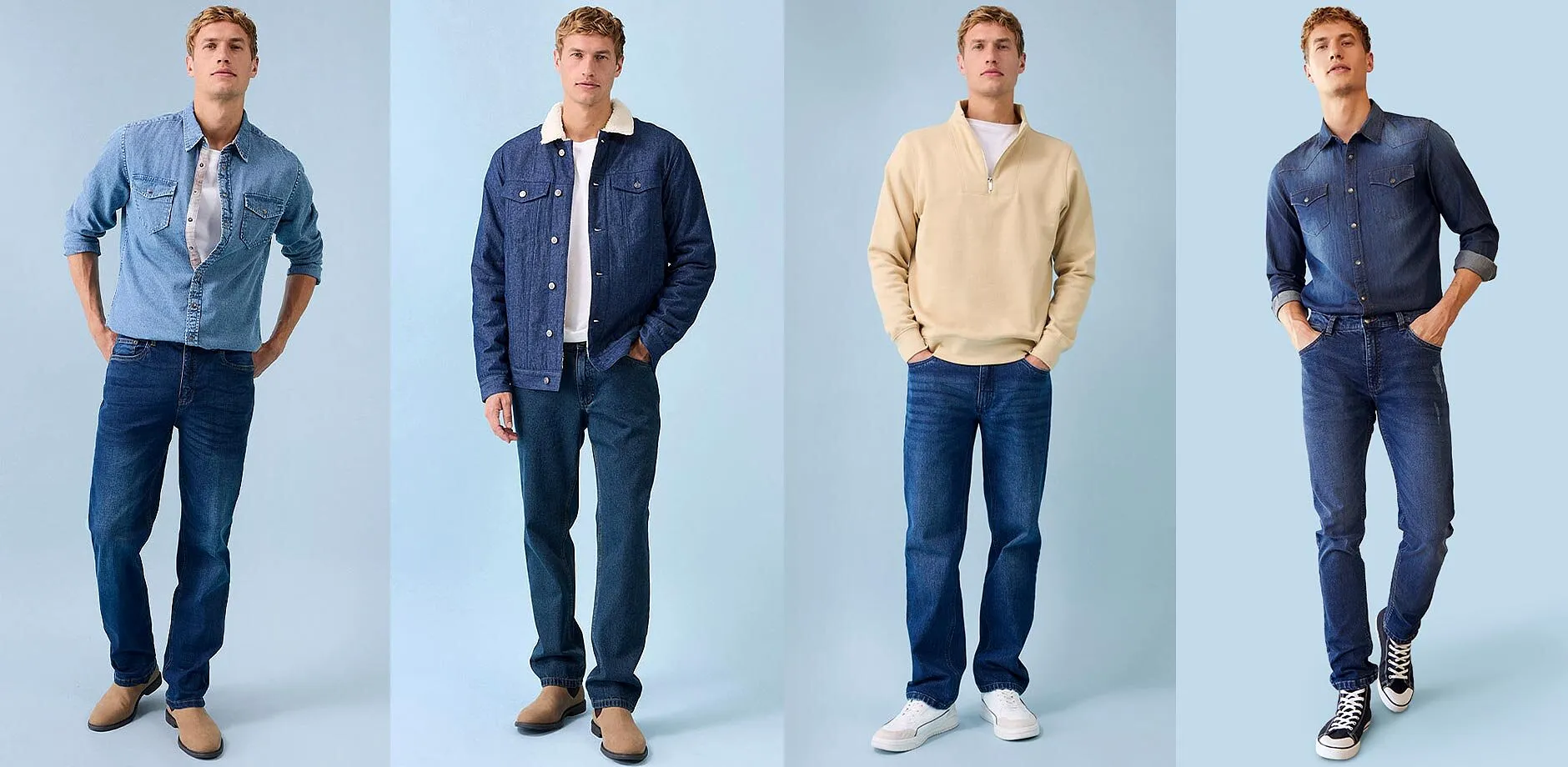 Vielseitige Jeans-Looks: Vom klassischen Hemd &uuml;ber Jacken bis zum l&auml;ssigen Pullover. Zeitlose Denim-Mode f&uuml;r M&auml;nner.