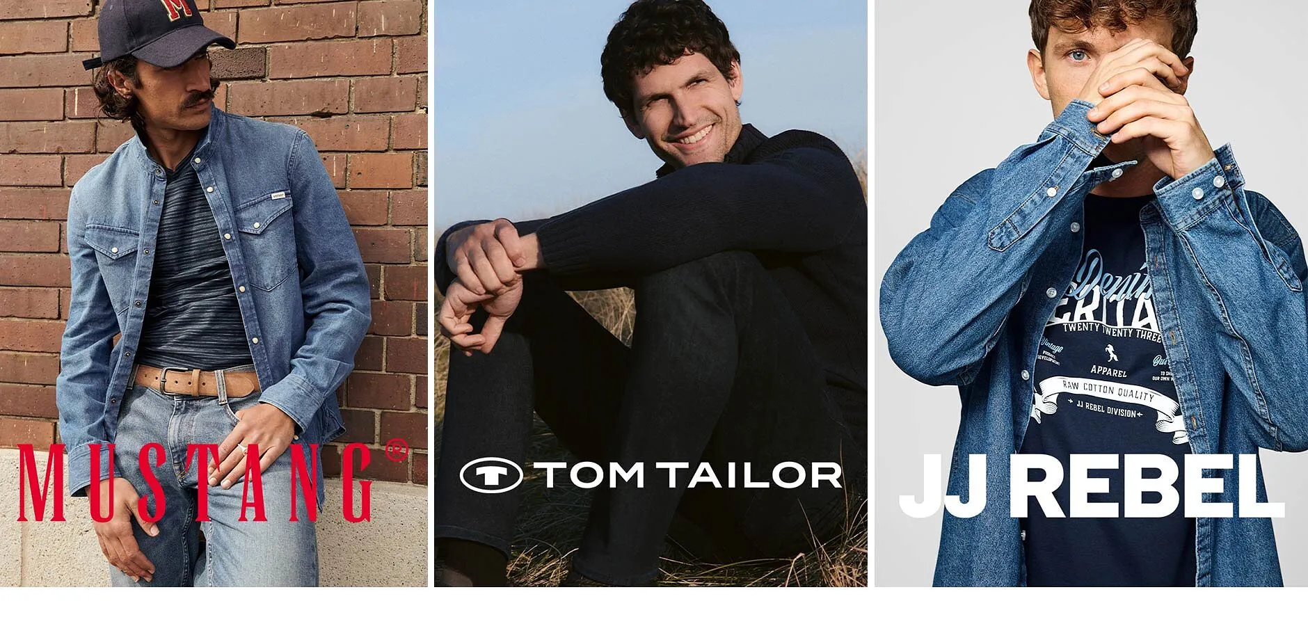 Look jean décontracté de la marque Mustang. Vêtements foncés élégants de la marque Tom Tailor. Style streetwear de la marque JJRebel.