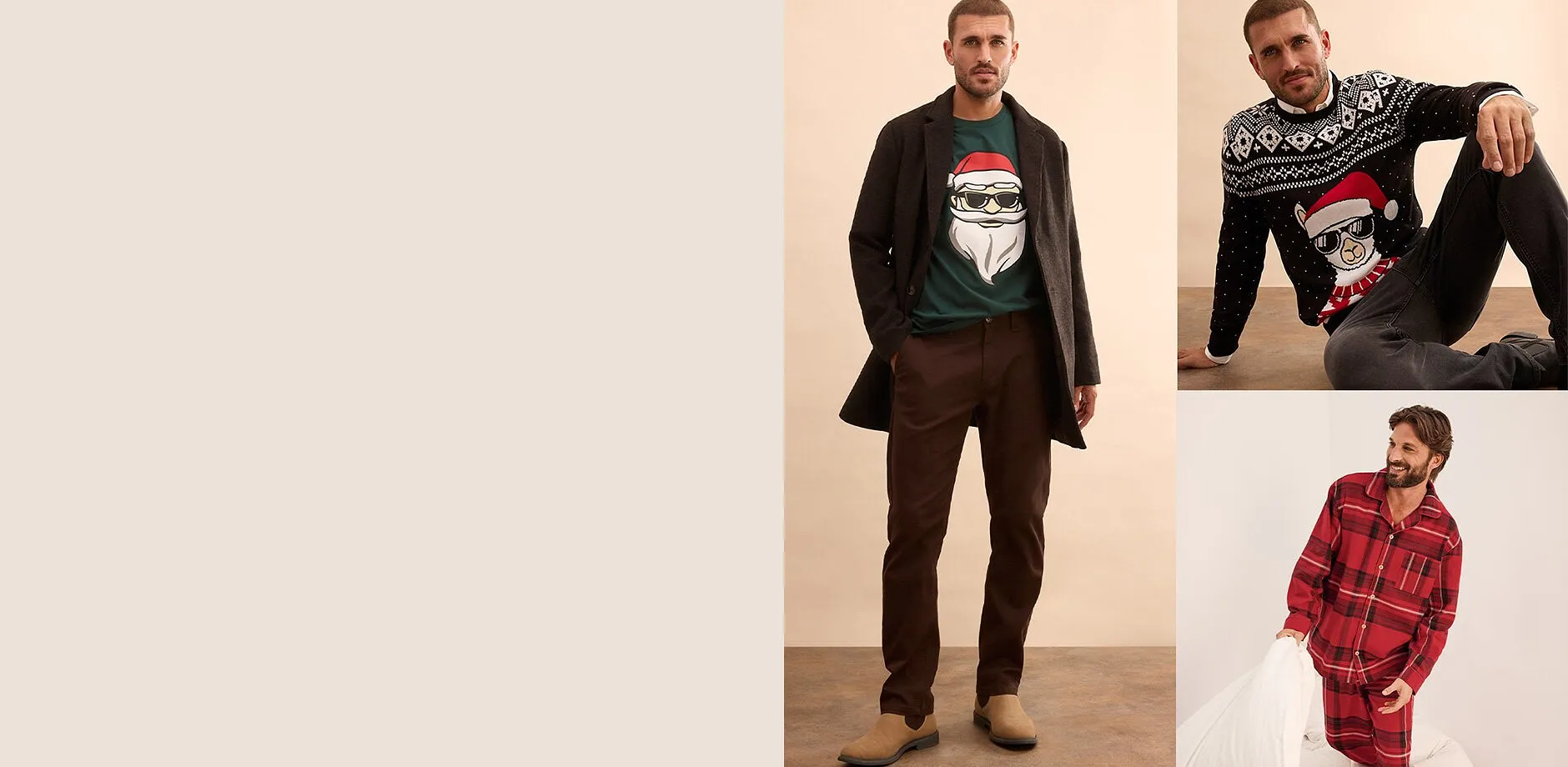 Pull de No&euml;l &agrave; motif multicolore et jean fonc&eacute;.