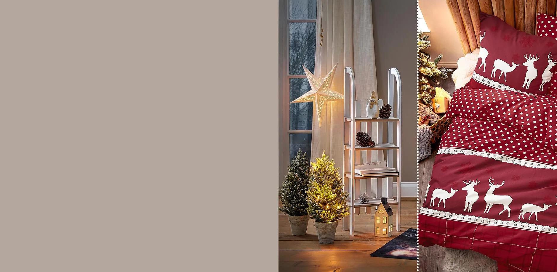 D&eacute;corations d'hiver et parure de lit douillette en rouge bordeaux avec des rennes blancs.