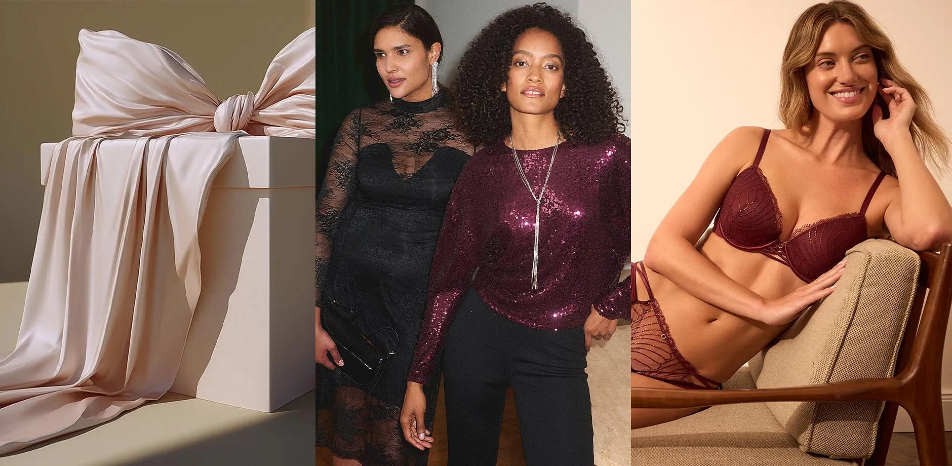 Gros paquet cadeau avec nœud. Tenues de fêtes et lingerie de fête.