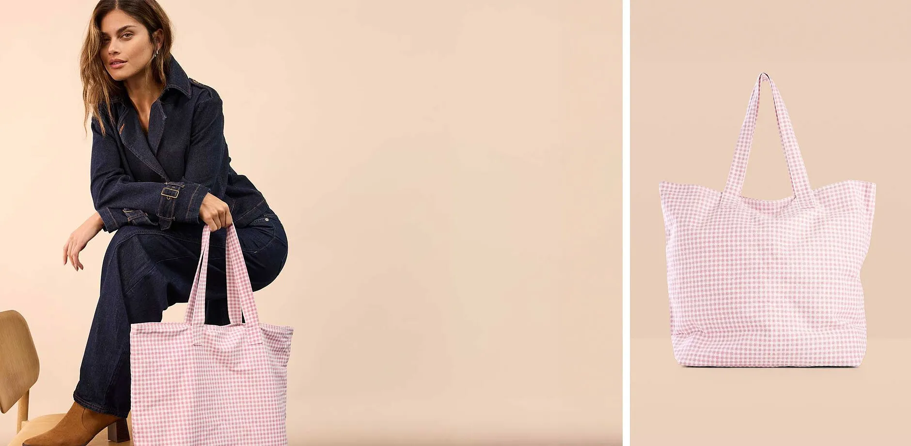 Jeans Jumpsuit kombiniert mit rosa karierten Tasche.