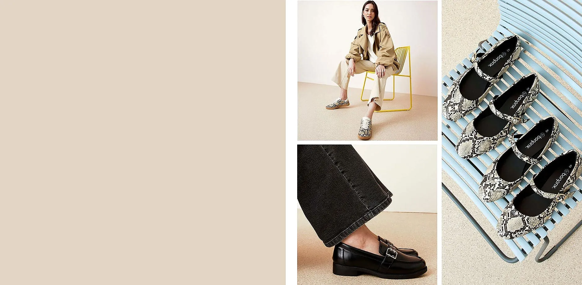 Chaussures &eacute;l&eacute;gantes : mocassins noirs, tennis et ballerines &agrave; motif python.