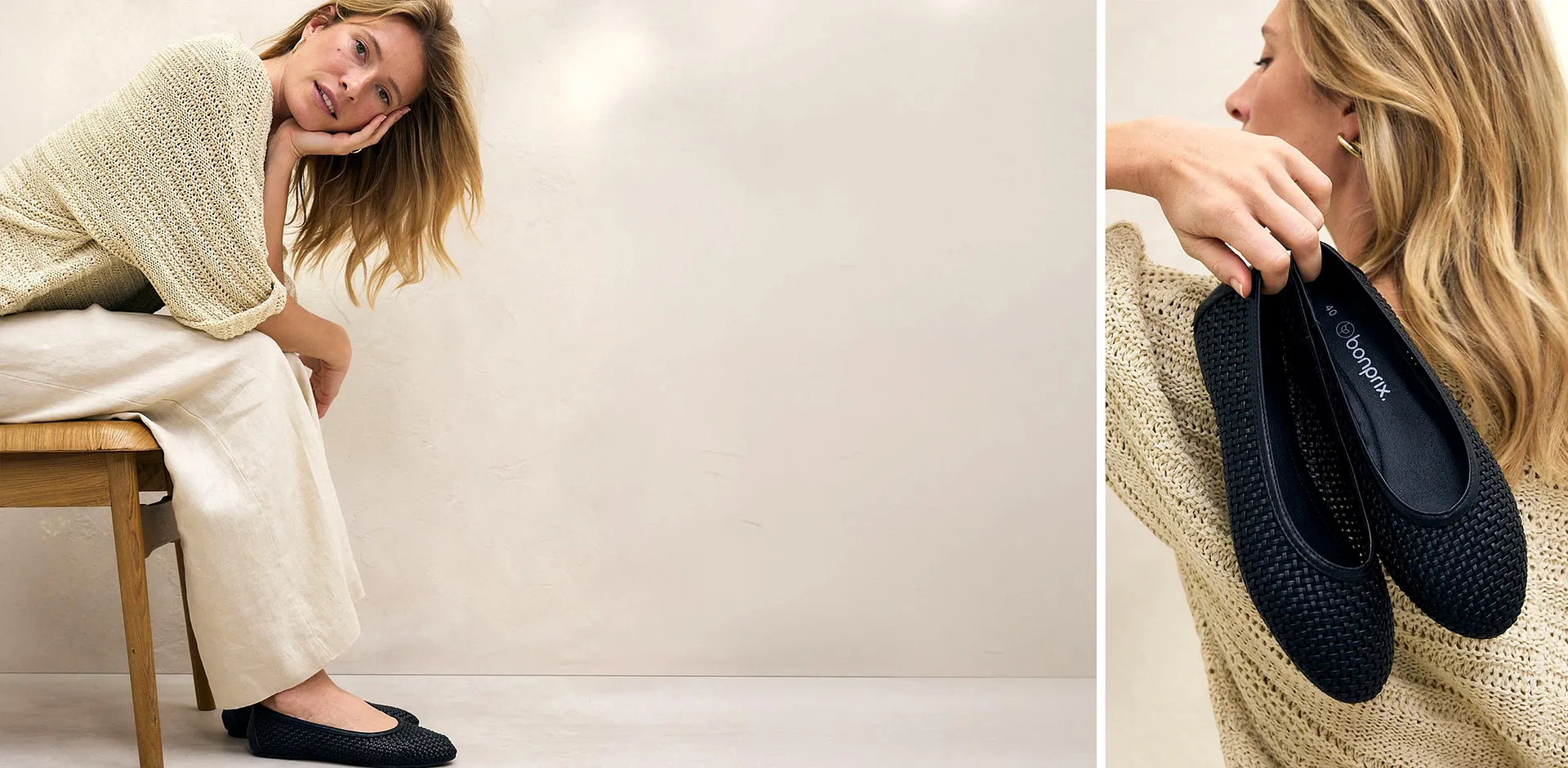 Pull chaud en maille couleur cr&egrave;me et pantalon large en lin pour un look confortable et &eacute;l&eacute;gant.