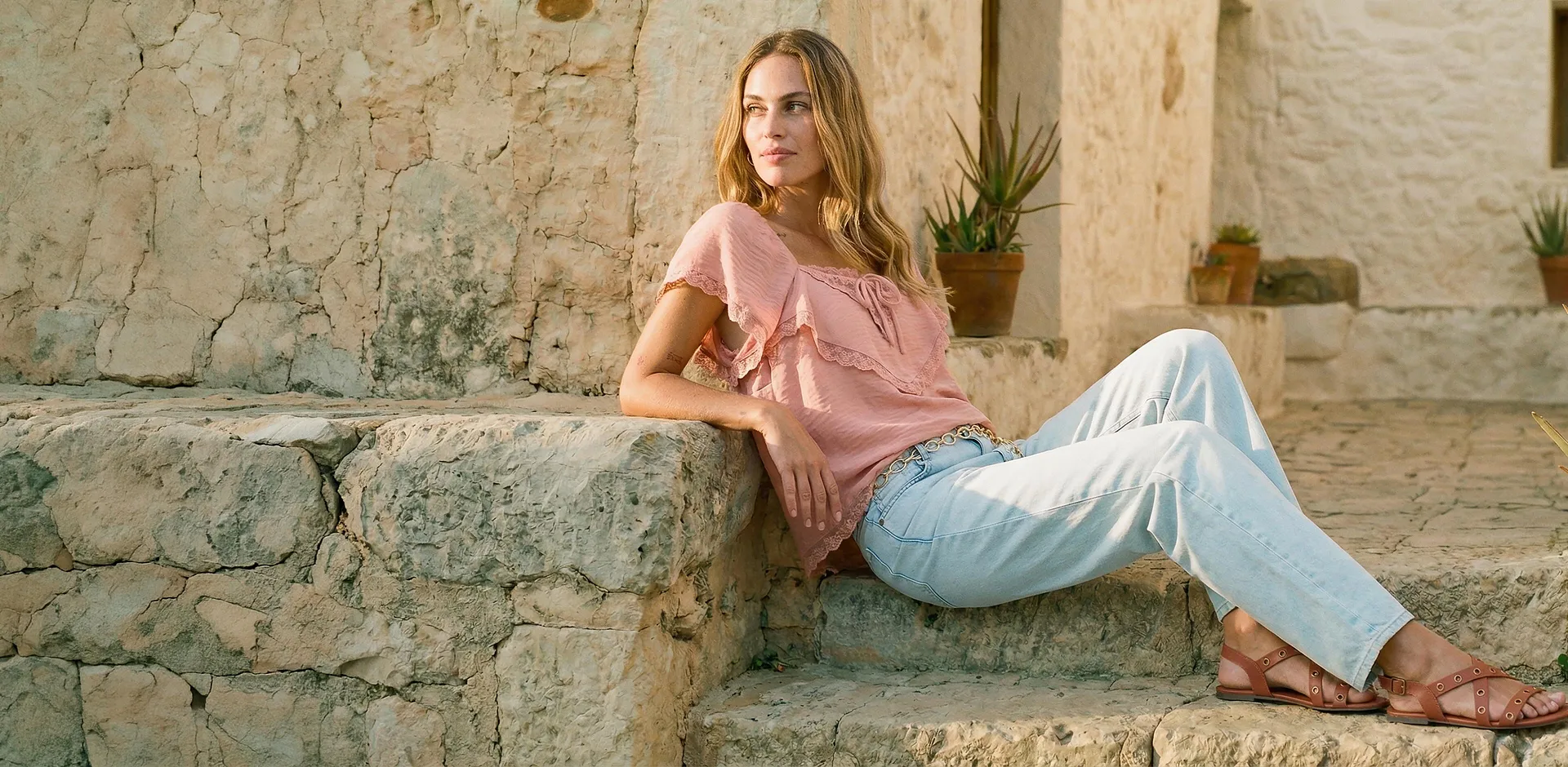 Blouse rose tendre &agrave; volants et jean bleu clair.