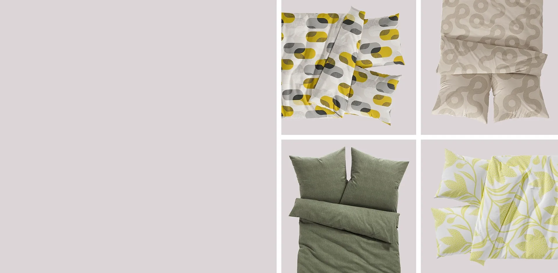 Des parures de lit dans diff&eacute;rents coloris et motifs sont rassembl&eacute;es dans une composition harmonieuse.